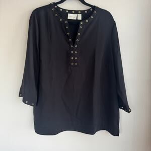 Chico's Tunic Gold Grommet Top Black V-Neck Pullover Hem Slit 3/4 Sleeve Sz 2/L